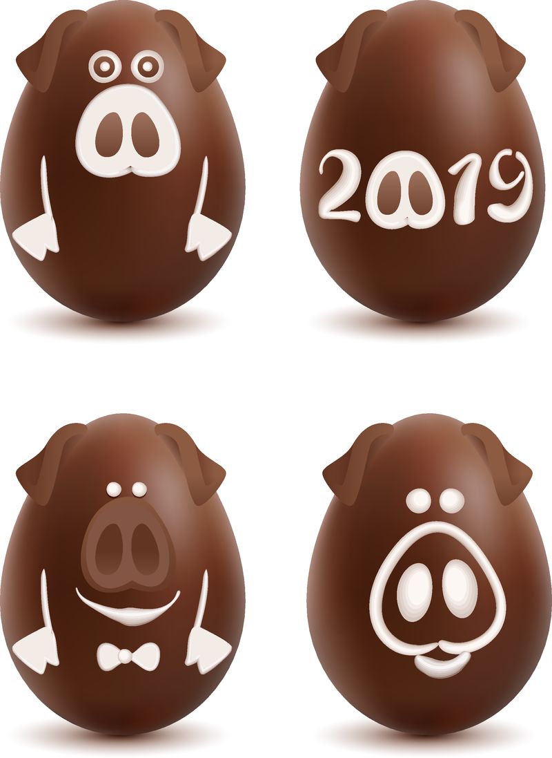 巧克力猪象征2019年-圣诞球鸡蛋装饰套装-孤立在白色插图上