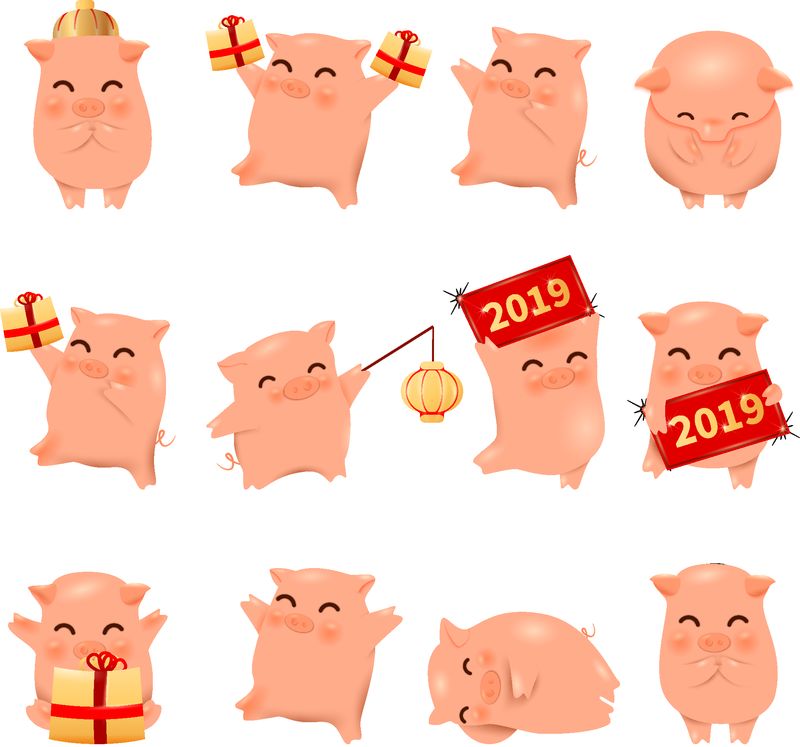 2019猪年卡通人物传统东方十二生肖标志猪套-中国灯笼-有趣的亚洲吉祥物人物带礼品盒的小猪-横幅-矢量插图