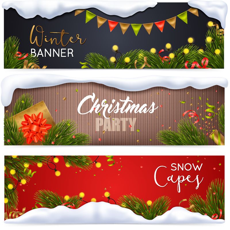 圣诞横幅与雪符号设置现实孤立矢量插图