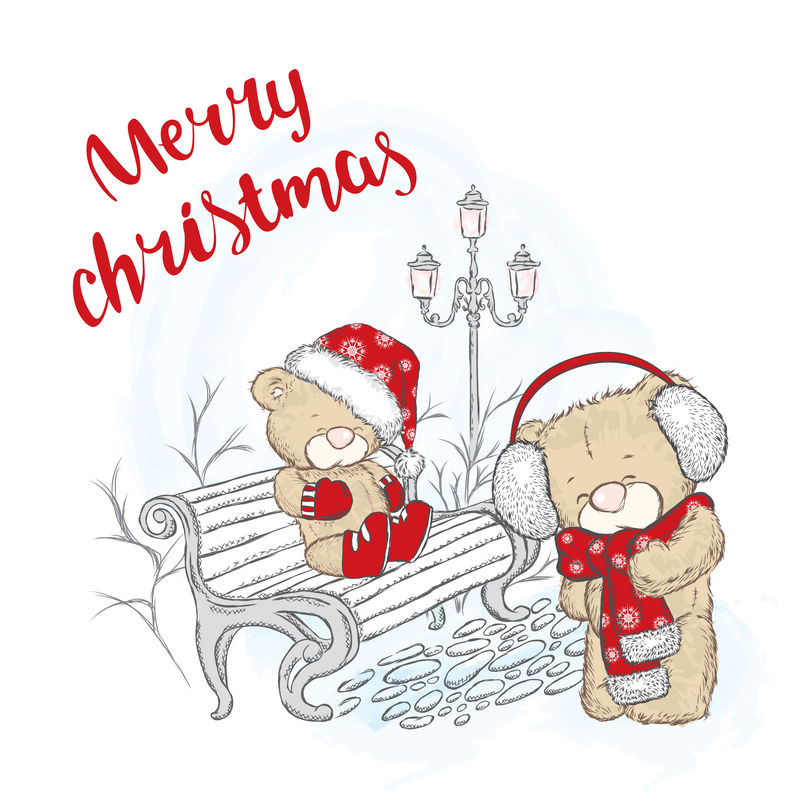 戴着帽子和围巾的可爱熊-卡片或海报的矢量图-印在衣服上-寒假-圣诞节和新年