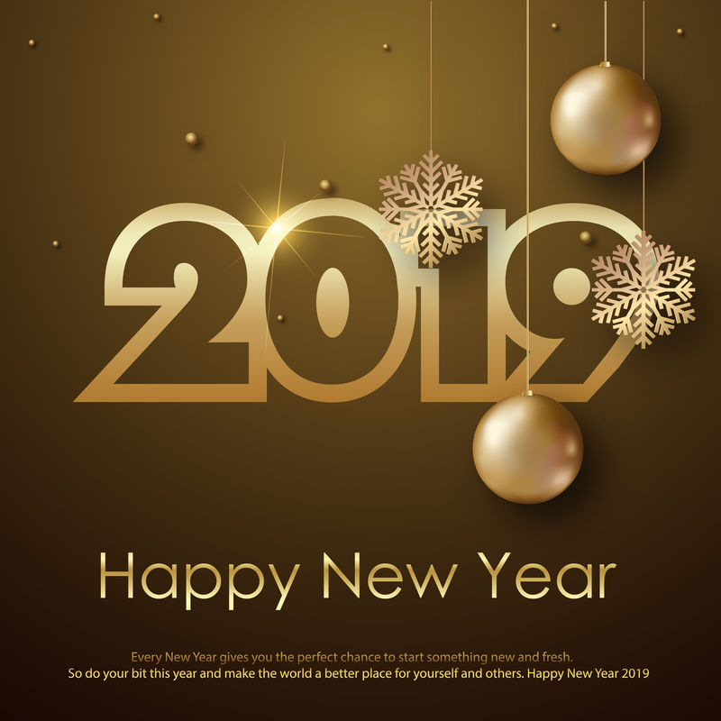 新年快乐或圣诞贺卡上有金球和雪花。2019矢量