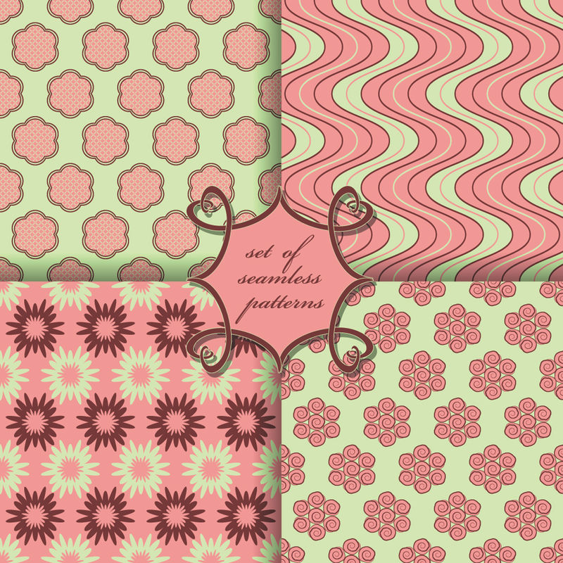 一套无缝矢量插图-抽象造型与装饰花卉