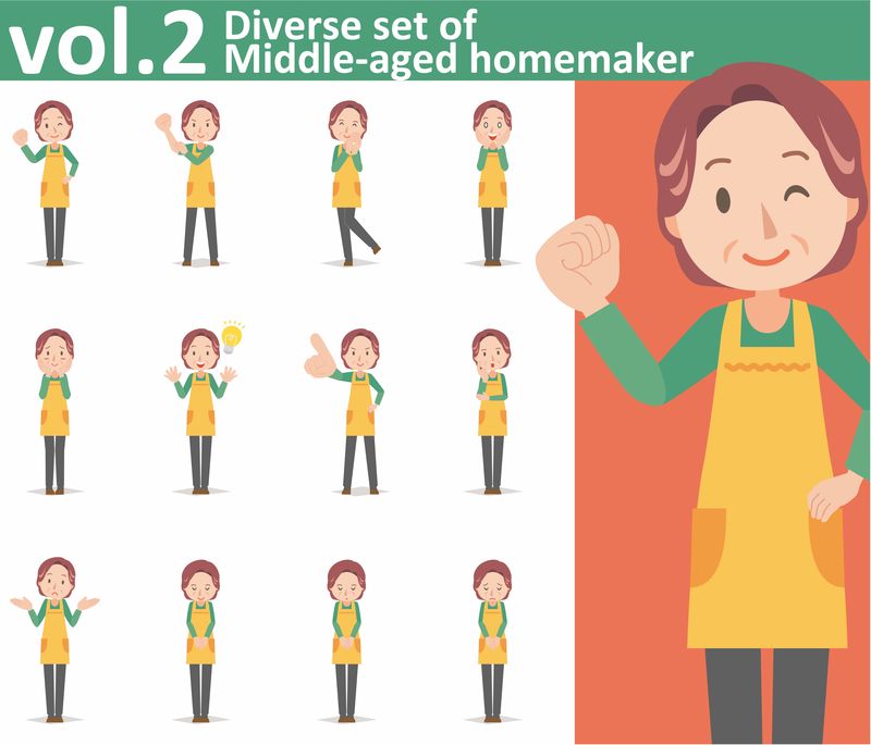 各种各样的中年家庭主妇穿着白底围裙-EPS10矢量格式第二册