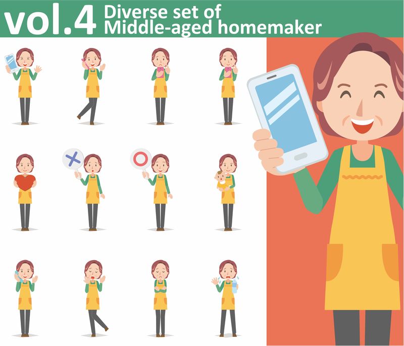 各种各样的中年家庭主妇穿着白底围裙-EPS10矢量格式第4卷
