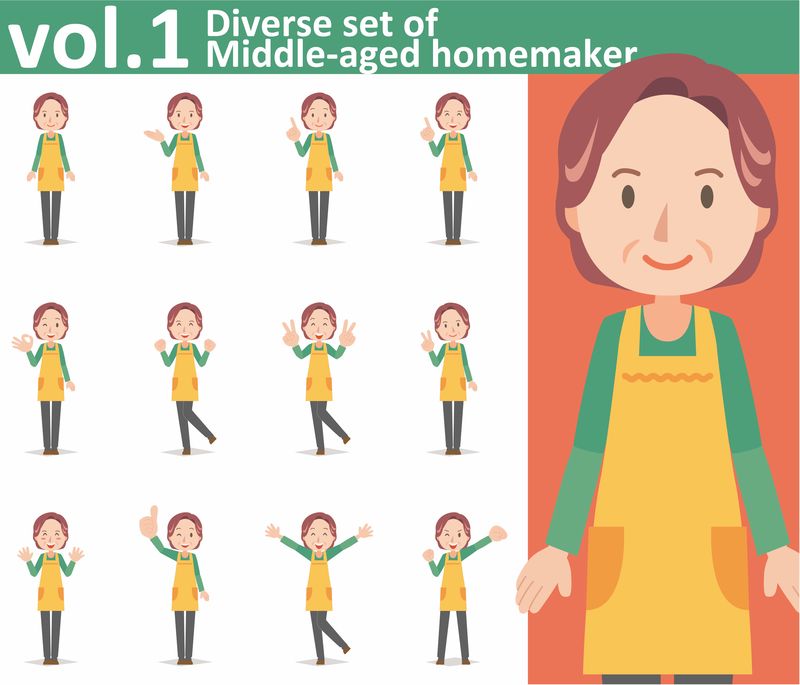 各种各样的中年家庭主妇穿着白底围裙-EPS10矢量格式第1卷