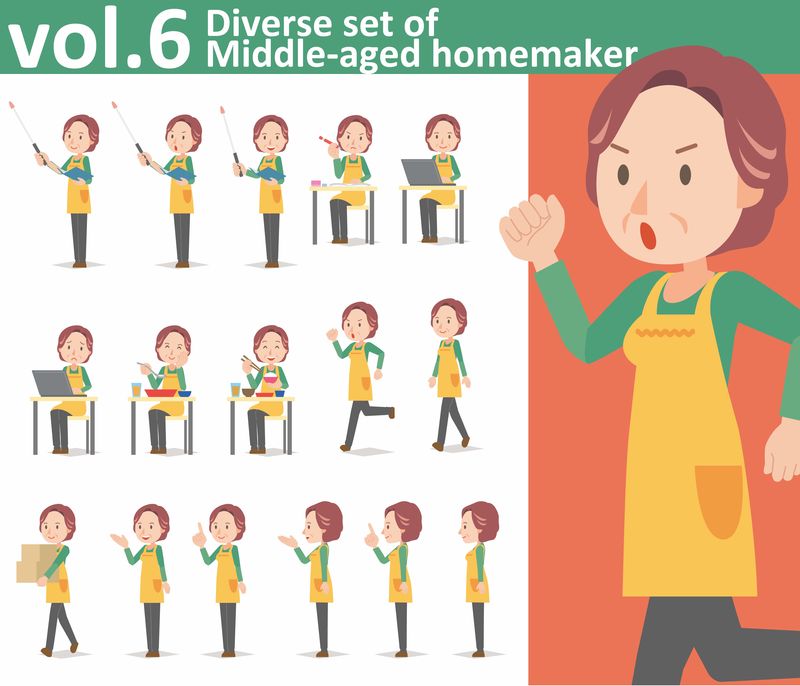 各种各样的中年家庭主妇穿着白底围裙-EPS10矢量格式第6卷