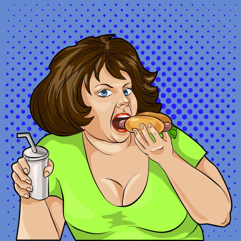 波普艺术胖女人吃汉堡包和饮料。