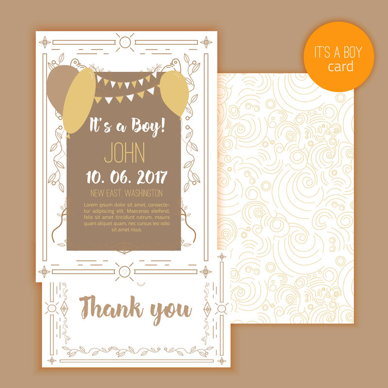 婴儿送礼会优雅卡。理想的保存日期,母亲节,情人节,生日卡,线性元素邀请。是个男孩