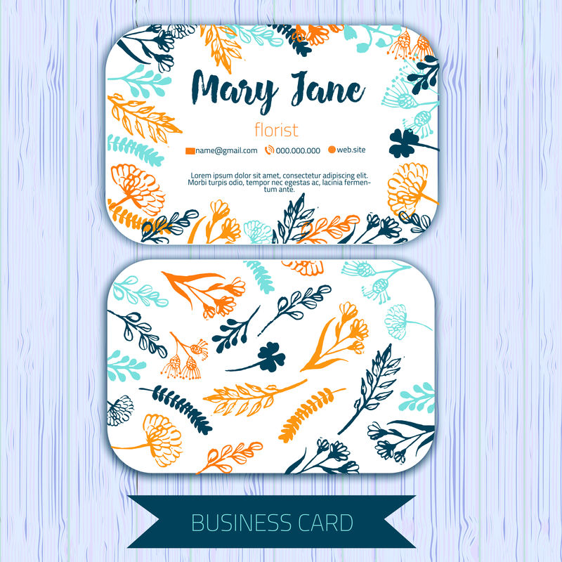 矢量复古名片与花卉元素。首页和背面。