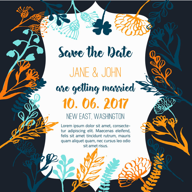 婚礼请柬,花色质朴,背景为深色。