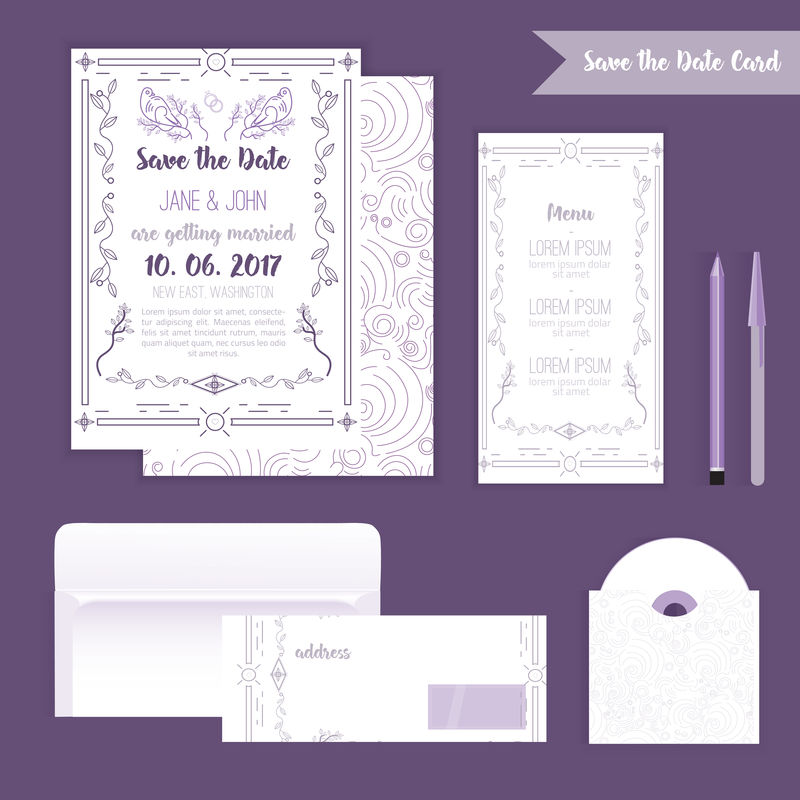 可打印以线性样式保存几何蓝色框中的日期。设计元素,包括菜单和信封、CD、树叶、树和鸟。