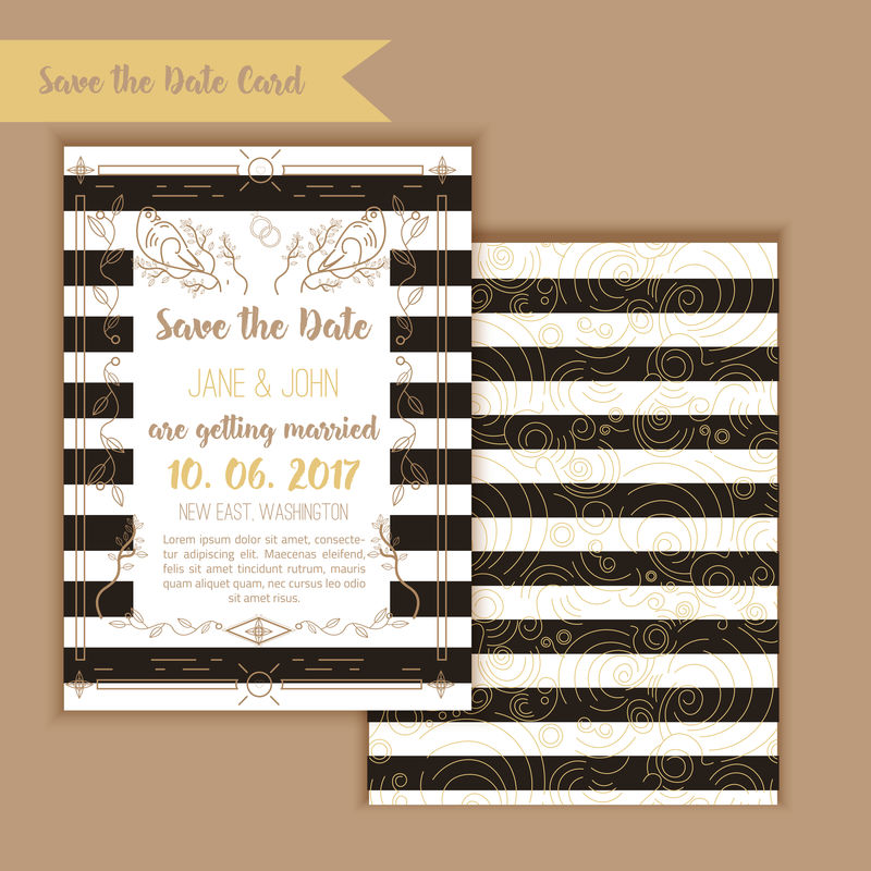 可打印保存日期与几何黄金框架在线性样式。设计元素,包括菜单和RSVP卡、树叶、树和鸟。