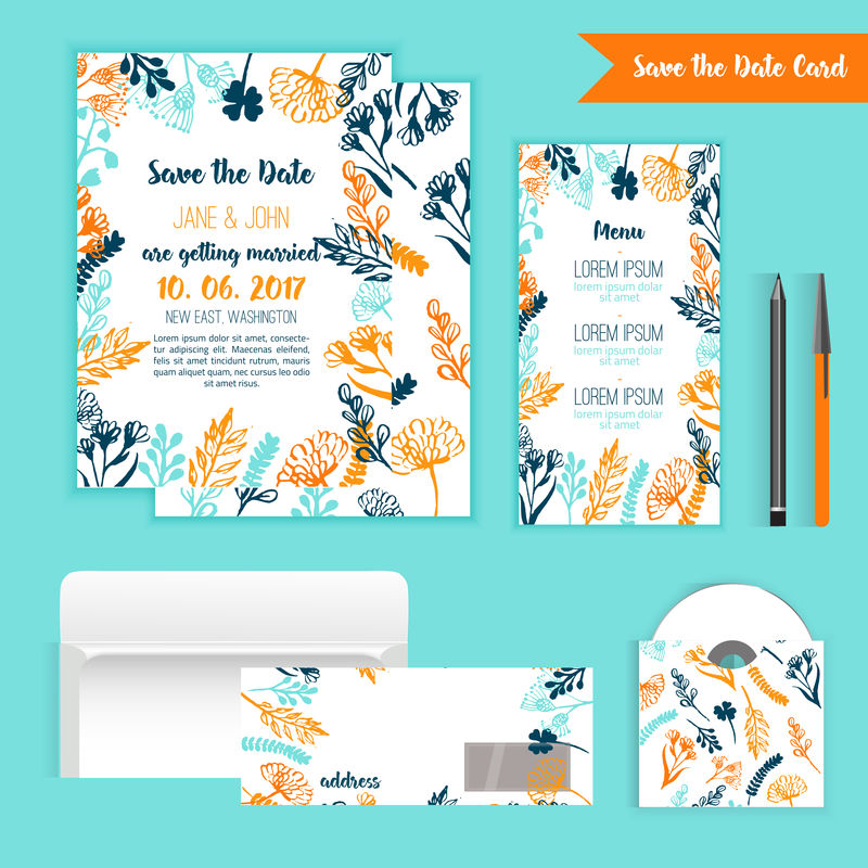 保存日期乡村卡,手绘的结婚请柬,花和树枝,RSVP卡,菜单,信封,CD设计。
