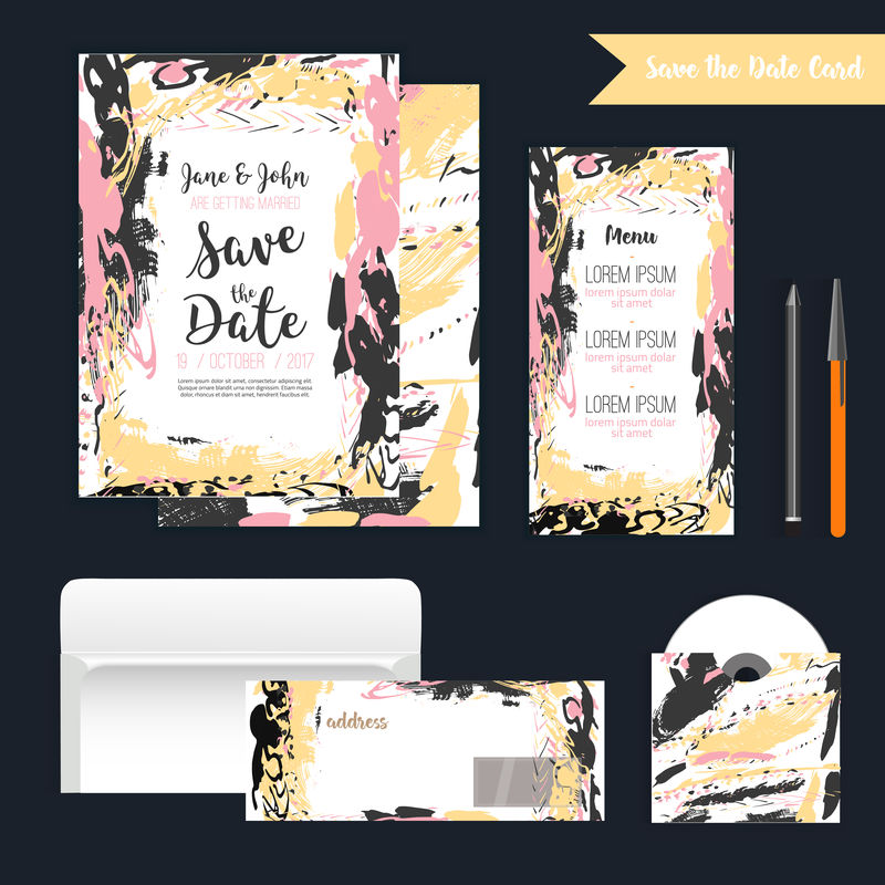 用手绘背景保存日期卡片。现代股票矢量。带有菜单和RSVP卡的邀请设计。