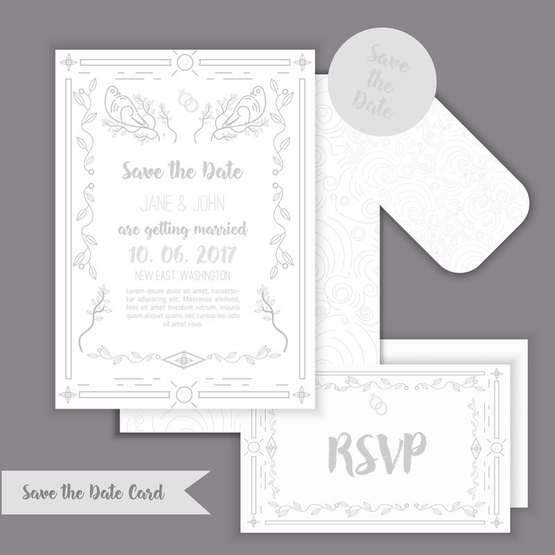 优雅的保存日期与几何框架在线性样式。元素设计与标签和RSVP卡,叶,树和鸟。