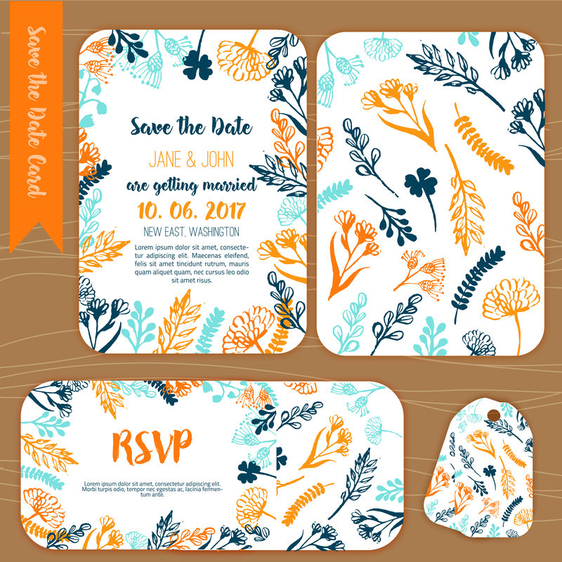 保存日期古朴的复古卡,手绘的婚礼请柬,木质背景上的花和树枝的RSVP卡设计。