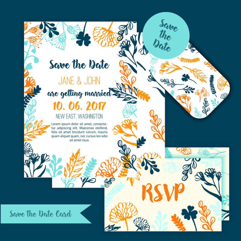 保存日期乡村复古卡,手绘婚礼请柬,花和树枝与RSVP卡设计。