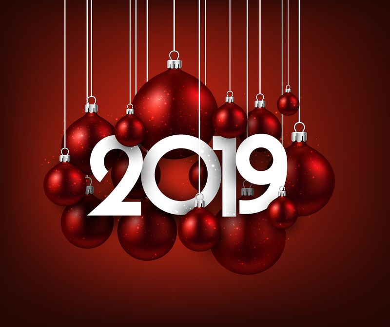 红色2019新年背景与圣诞球-节日闪亮的装饰-贺卡-矢量图