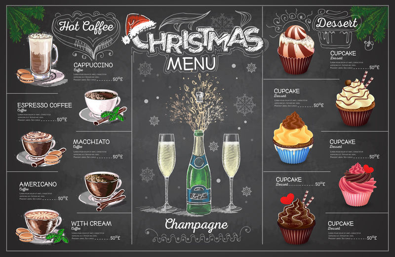 古典粉笔画圣诞菜单设计与香槟。休息