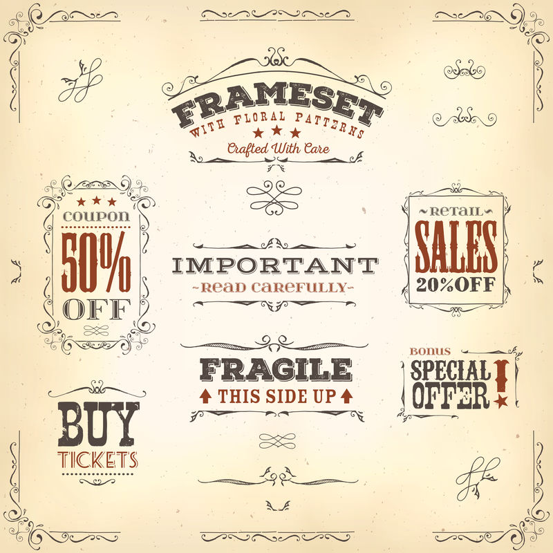 手绘复古旗帜和彩带