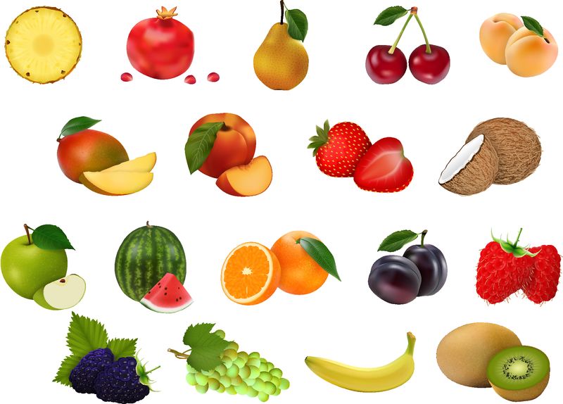 一套18个新鲜水果的白色背景-没有阴影-写实的风格-矢量图
