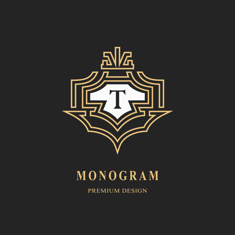 会标设计元素,优美的模板。书法优雅的线条艺术标志设计。代表皇室、名片、精品店、酒店、餐厅、葡萄酒的字母符号T。框架。矢量图解