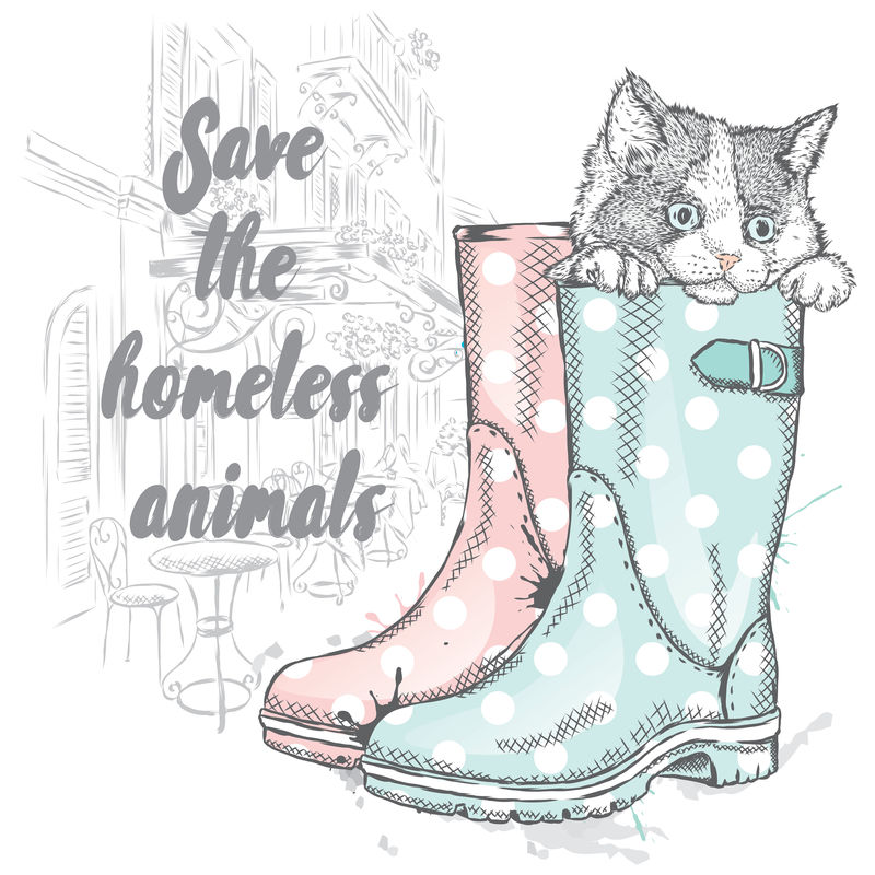 穿着靴子的可爱小猫-卡片或印在衣服上的矢量图-慈善海报-拯救无家可归的动物
