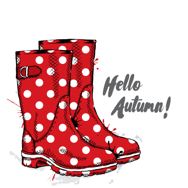 带圆点的橡胶靴-卡片、海报或印在衣服上的矢量图-时尚与风格