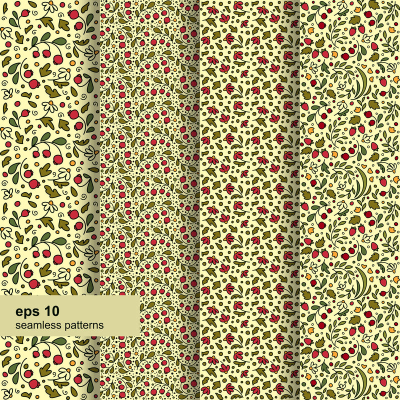 四种无缝纹理。花和浆果。
