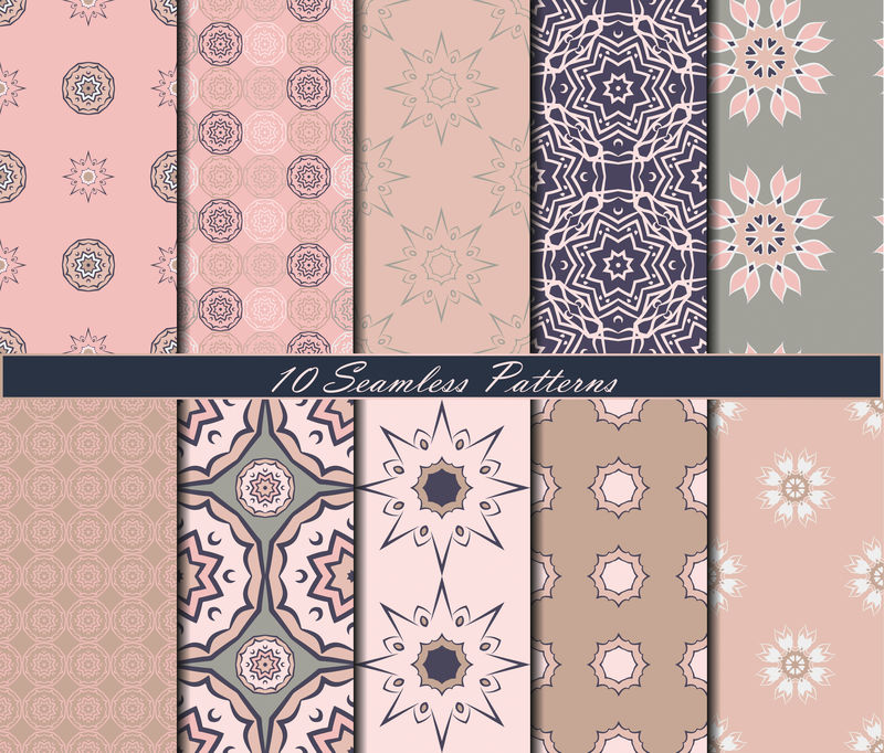 十个经典的无缝图案与曼陀罗在美丽的颜色-矢量背景