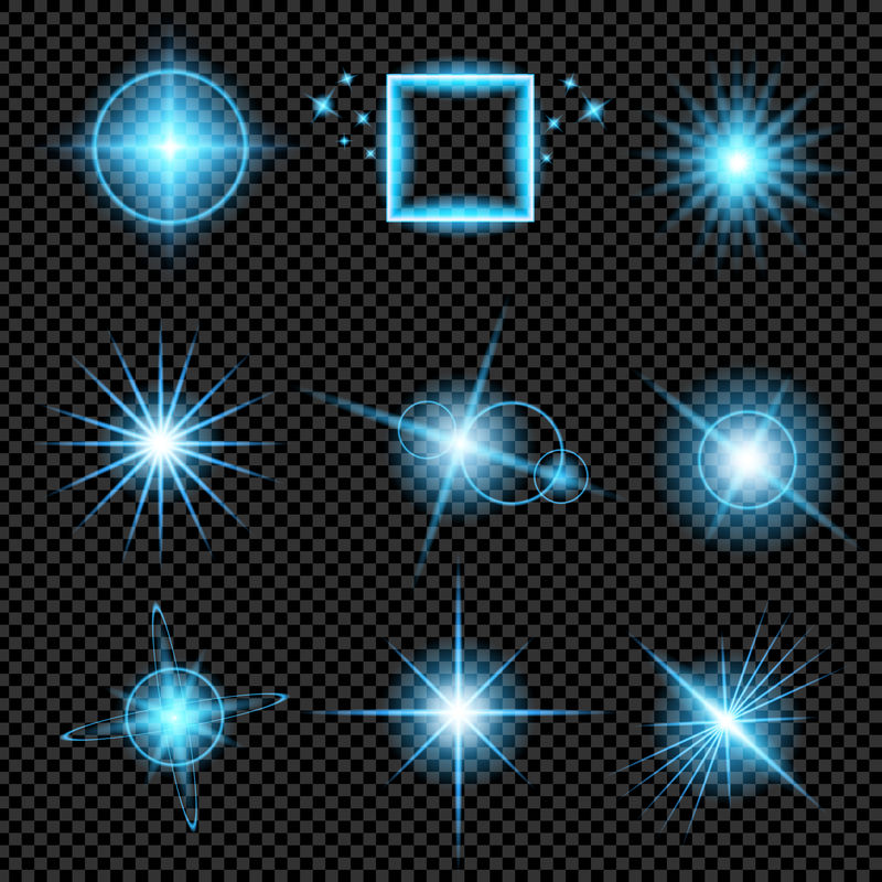 辉光效应星的创意概念矢量集在黑色背景下迸发出火花。为说明模板艺术设计，旗帜圣诞庆祝，魔术闪光能量射线