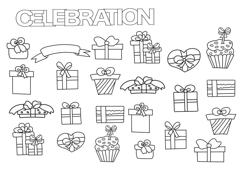 手绘礼品盒套装。用礼物给书的页面模板上色。勾勒涂鸦矢量图。