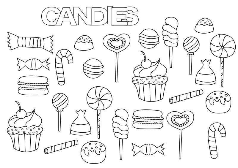 手绘糖果棒套装。为书籍页面模板着色。勾勒涂鸦矢量图。