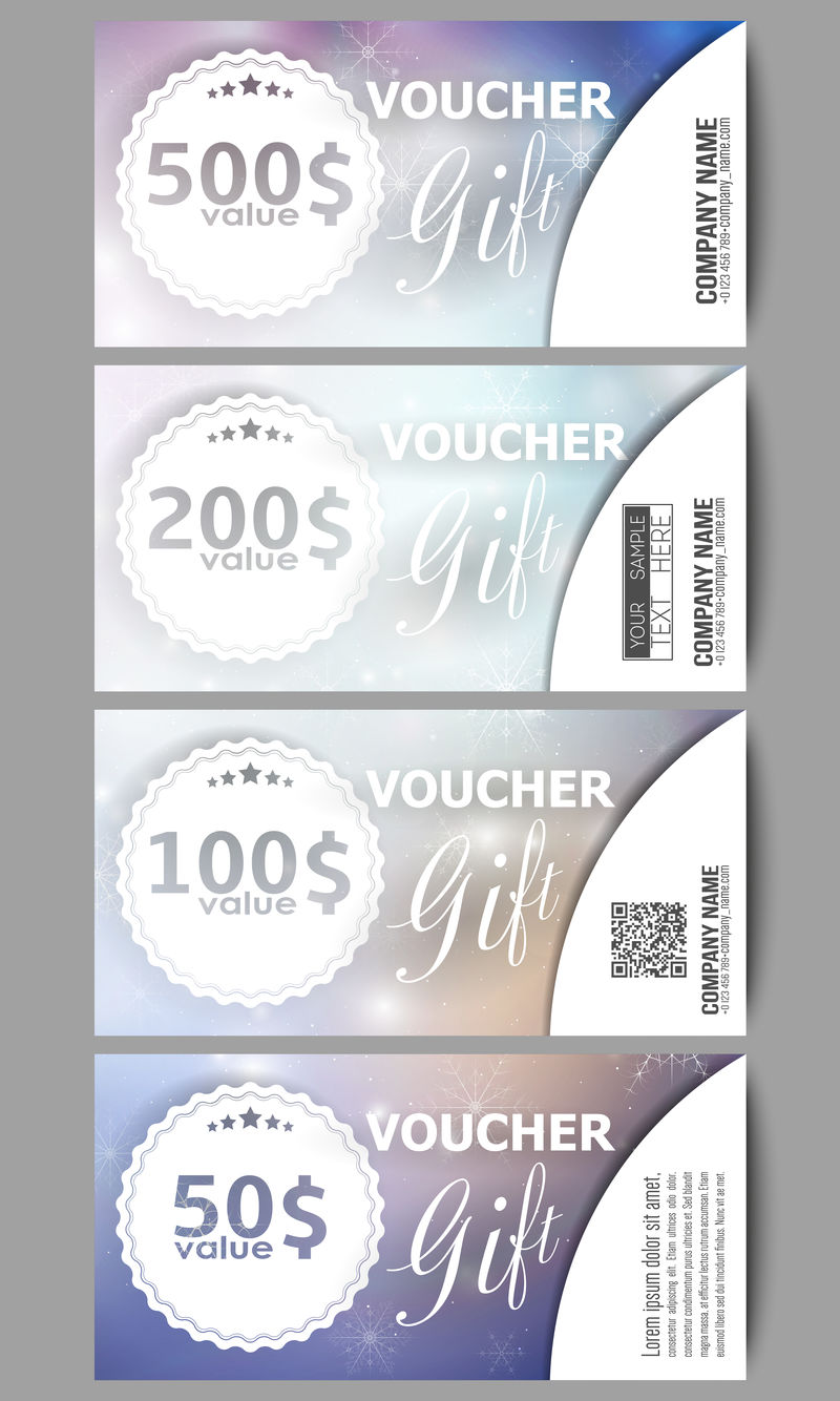 一套现代礼品券模板。蓝色抽象冬季背景。雪花圣诞矢量风格