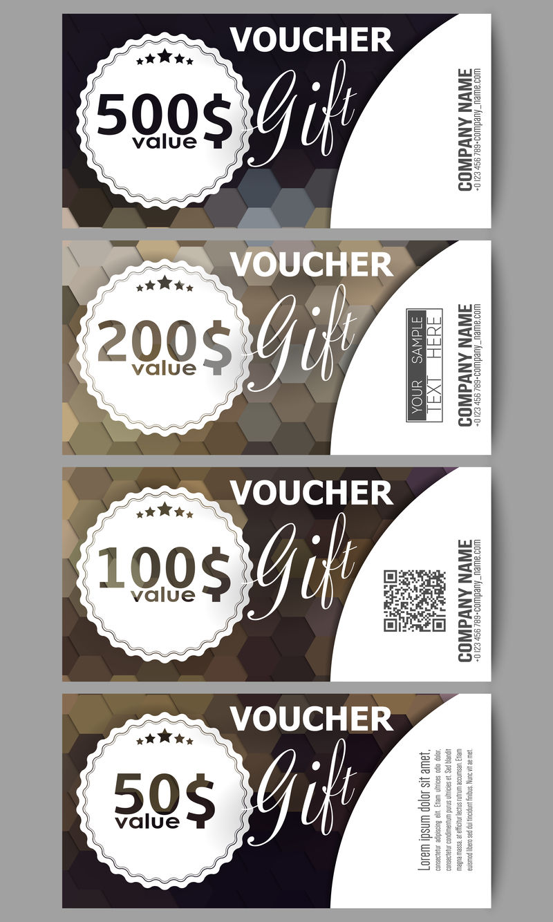 一套现代礼品券模板。多边形设计矢量,彩色几何六角形背景