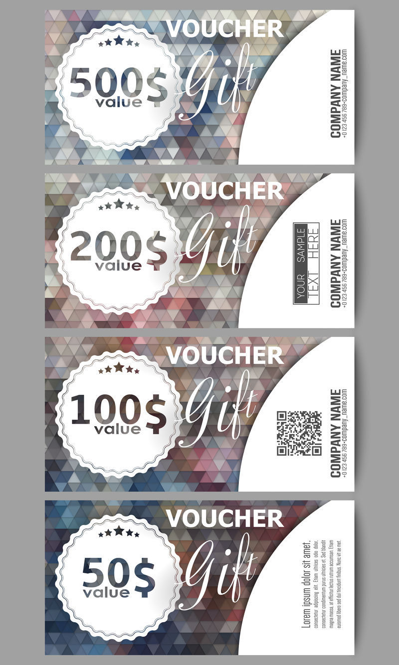 一套现代礼品券模板。多边形设计矢量，彩色几何三角形背景