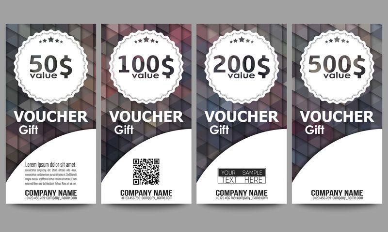一套现代礼品券模板。多边形设计矢量,彩色几何三角形背景