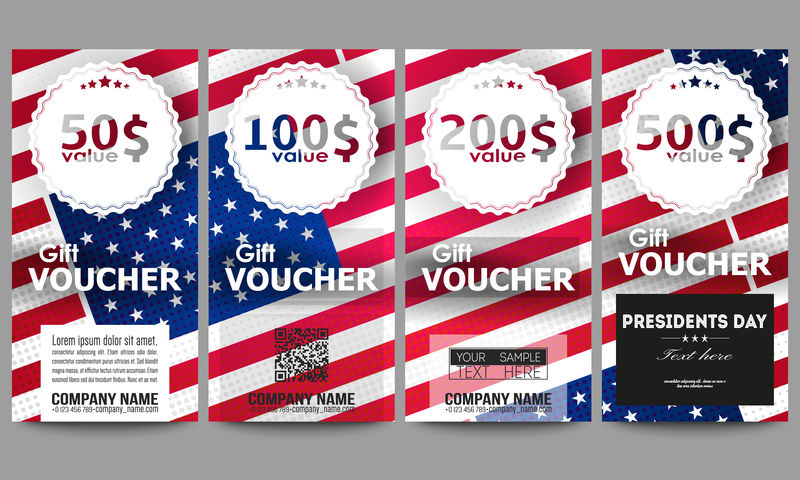 一套现代礼品券模板。总统日背景与美国国旗,抽象矢量图