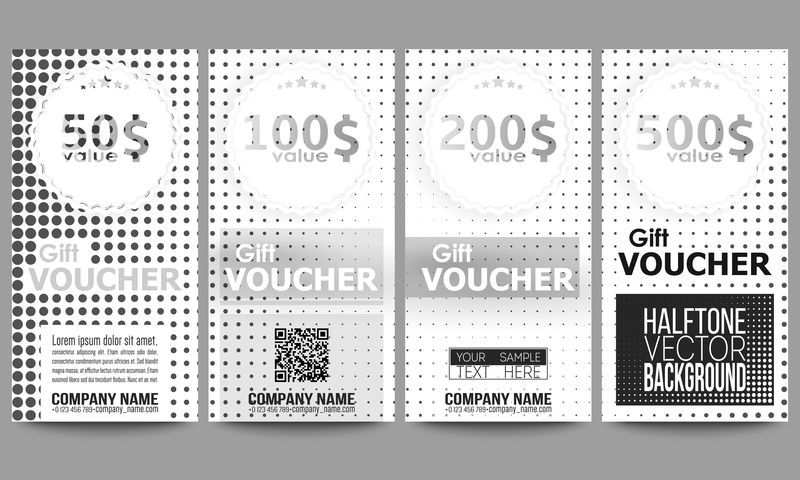 一套现代礼品券模板。半色调矢量背景。白色上的黑点