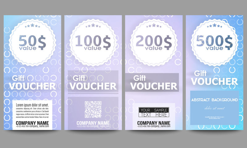 一套现代礼品券模板。浅蓝色背景上的抽象白色圆圈,矢量图