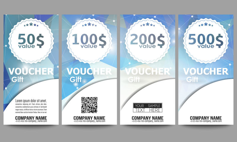 一套现代礼品券模板。彩色三角形设计,抽象矢量背景