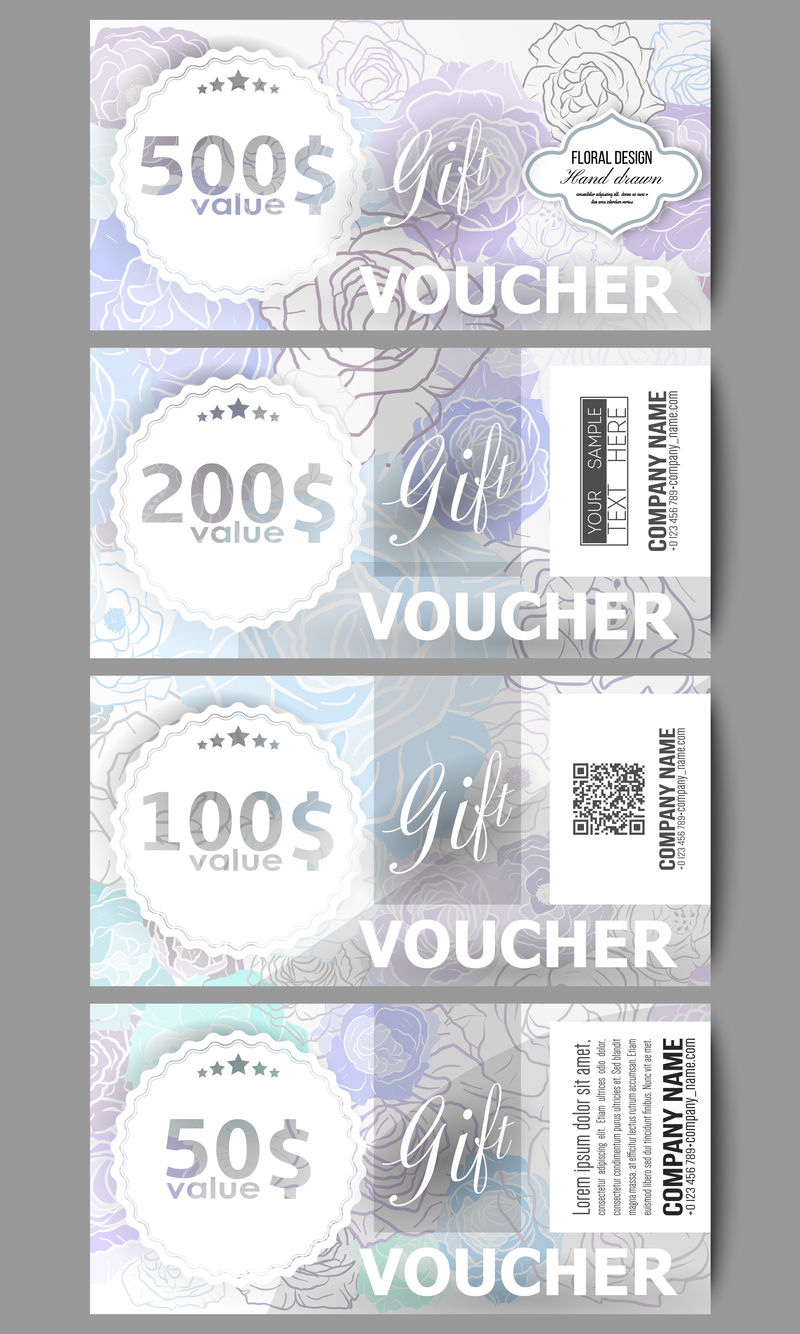 一套现代礼品券模板。手绘花卉涂鸦图案，抽象矢量背景