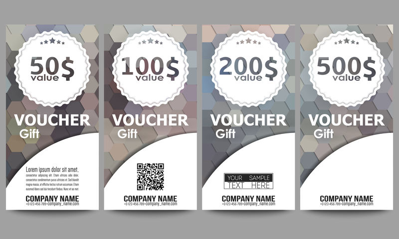 一套现代礼品券模板。多边形设计矢量，彩色几何六角形背景