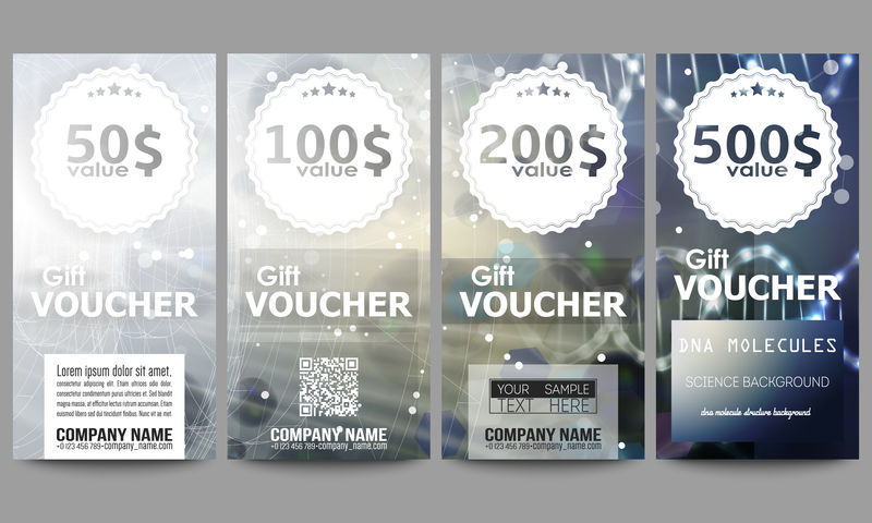 一套现代礼品券模板。深蓝色背景上的DNA分子结构。科学媒介背景