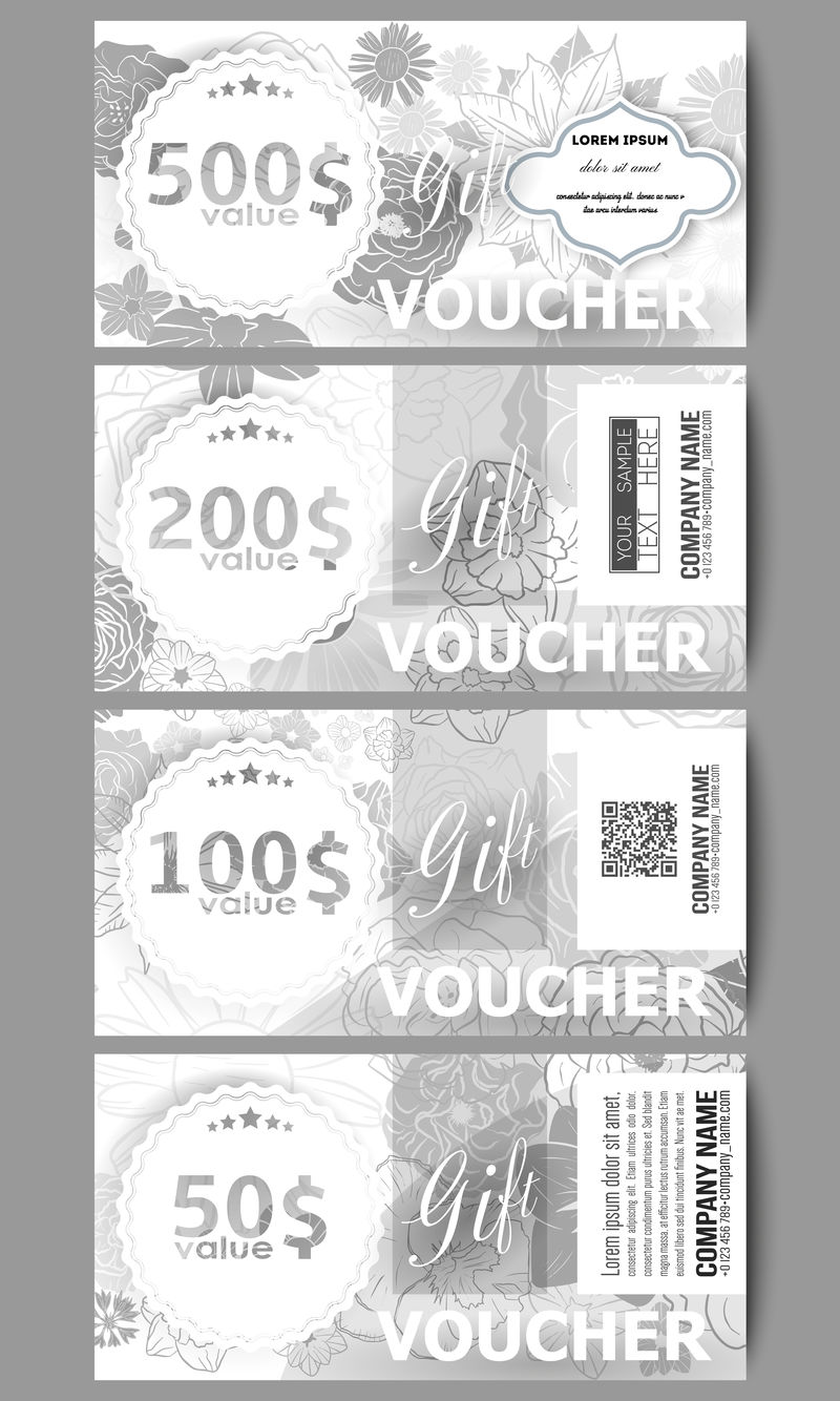 一套现代礼品券模板。手绘花卉涂鸦图案,抽象矢量背景