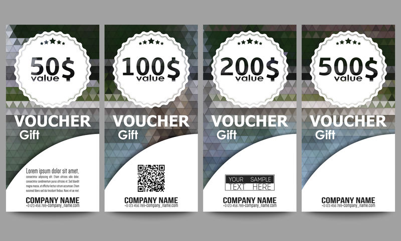 一套现代礼品券模板。多边形设计矢量,彩色几何三角形背景