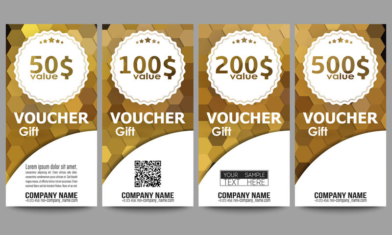 一套现代礼品券模板。多边形设计矢量，彩色几何六角形背景