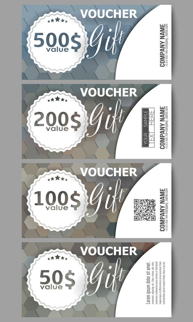 一套现代礼品券模板。多边形设计矢量,彩色几何六角形背景