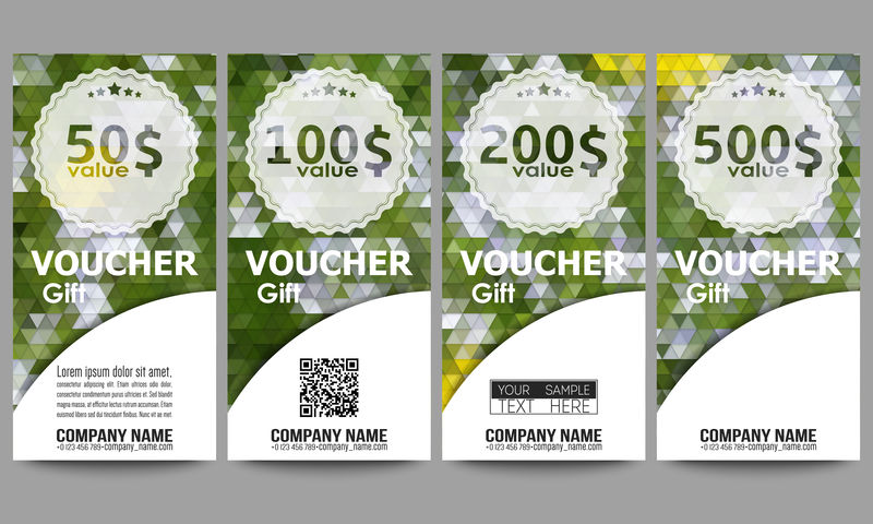 一套现代礼品券模板。多边形设计矢量,彩色几何三角形背景