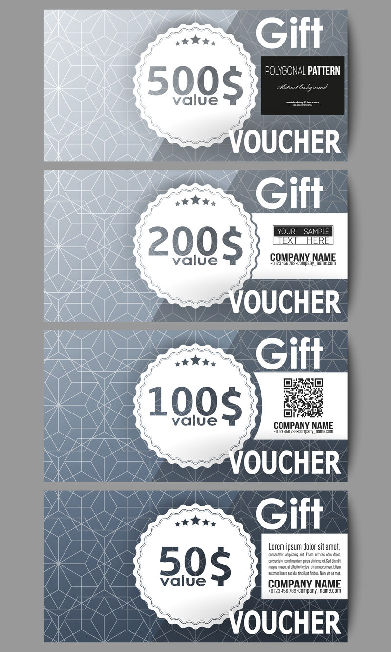 礼品券模板集。抽象花卉商业背景，现代时尚矢量纹理